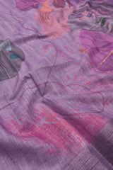 Light Violet Semi Linen Sunrise Leaves Print Saree