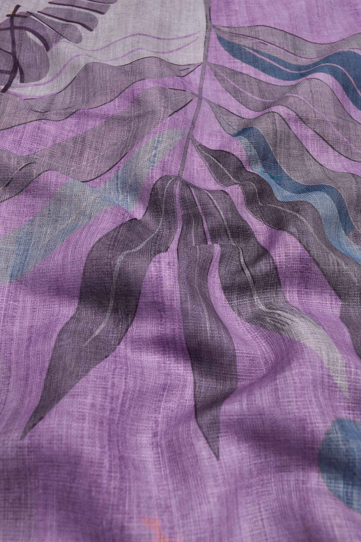 Light Violet Semi Linen Sunrise Leaves Print Saree