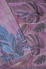 Light Violet Semi Linen Sunrise Leaves Print Saree