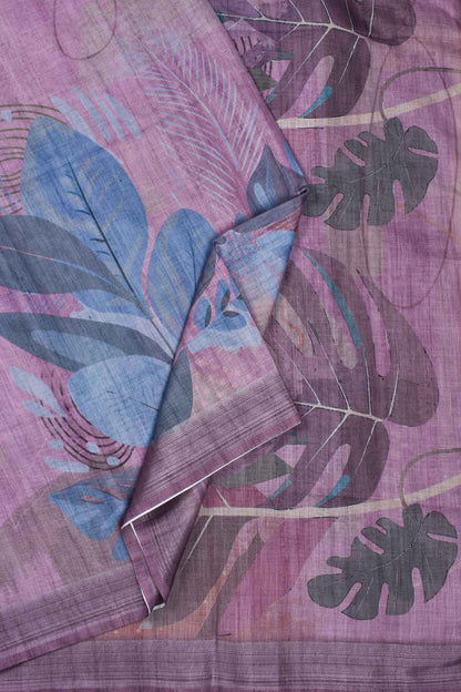 Light Violet Semi Linen Sunrise Leaves Print Saree