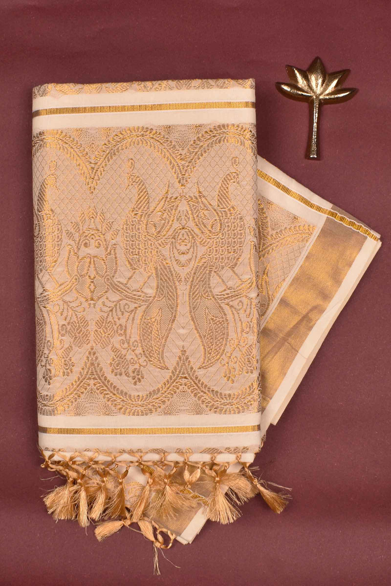 Kerala Cotton Peacock Garden Pallu Gold Tasels Saree