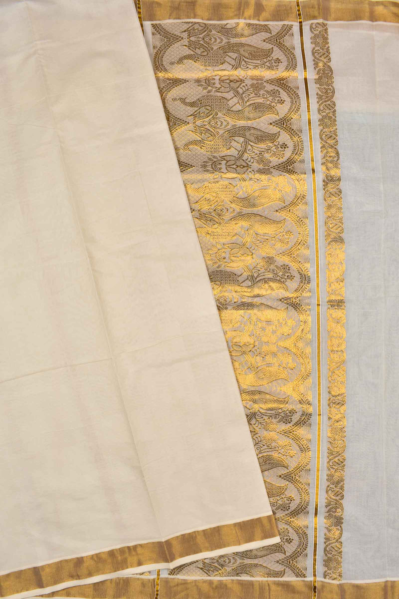 Kerala Cotton Peacock Garden Pallu Gold Tasels Saree