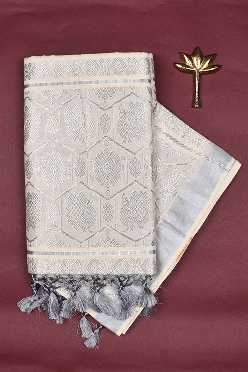 Kerala Cotton Silver Body Pallu Saree