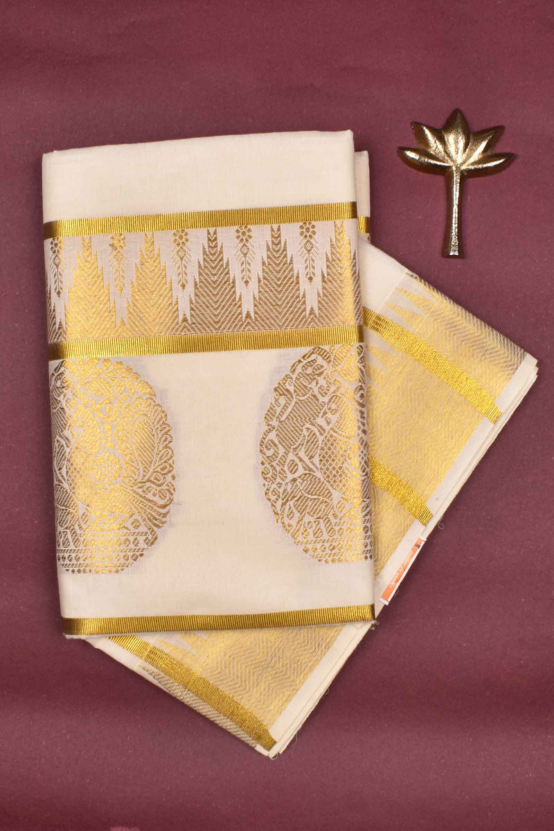 Off White Kerala Cotton Square Design Butta Temple Border Rich Pallu Saree