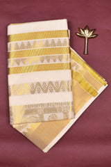 Off White Kerala Cotton Thalampoo Reku Border Rich Pallu Saree