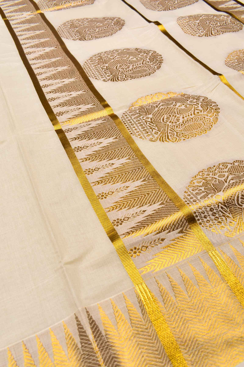 Off White Kerala Cotton Square Design Butta Temple Border Rich Pallu Saree