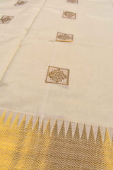 Off White Kerala Cotton Square Design Butta Temple Border Rich Pallu Saree