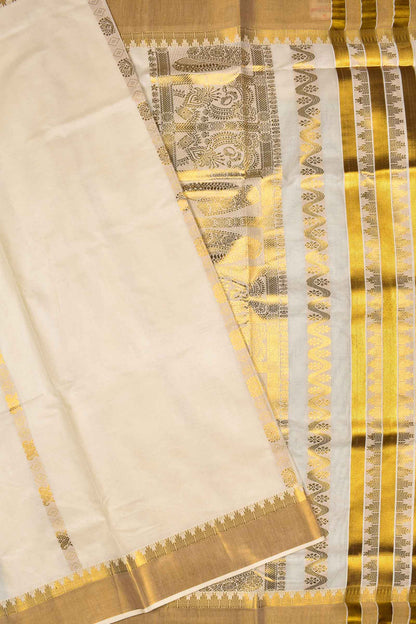 Off White Kerala Cotton Thalampoo Reku Border Rich Pallu Saree