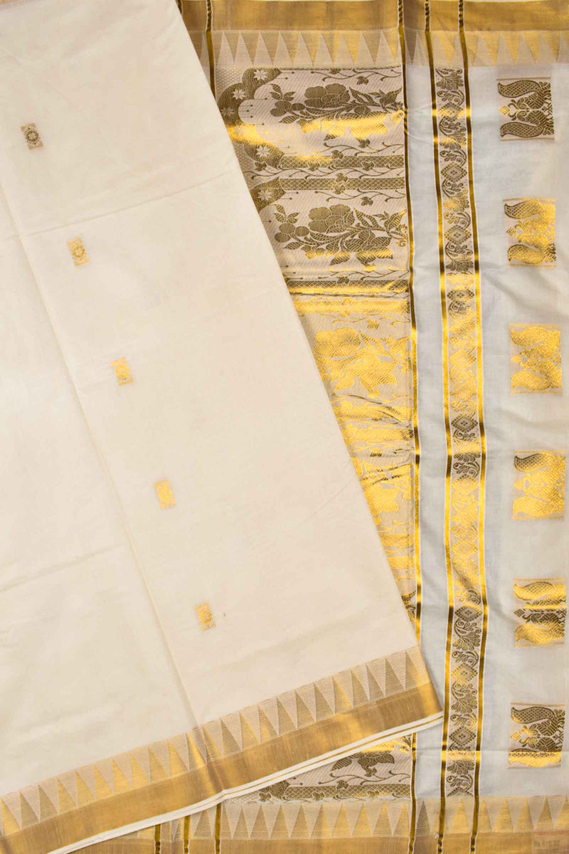 Off White Kerala Cotton Small Butta Grand Pallu Saree