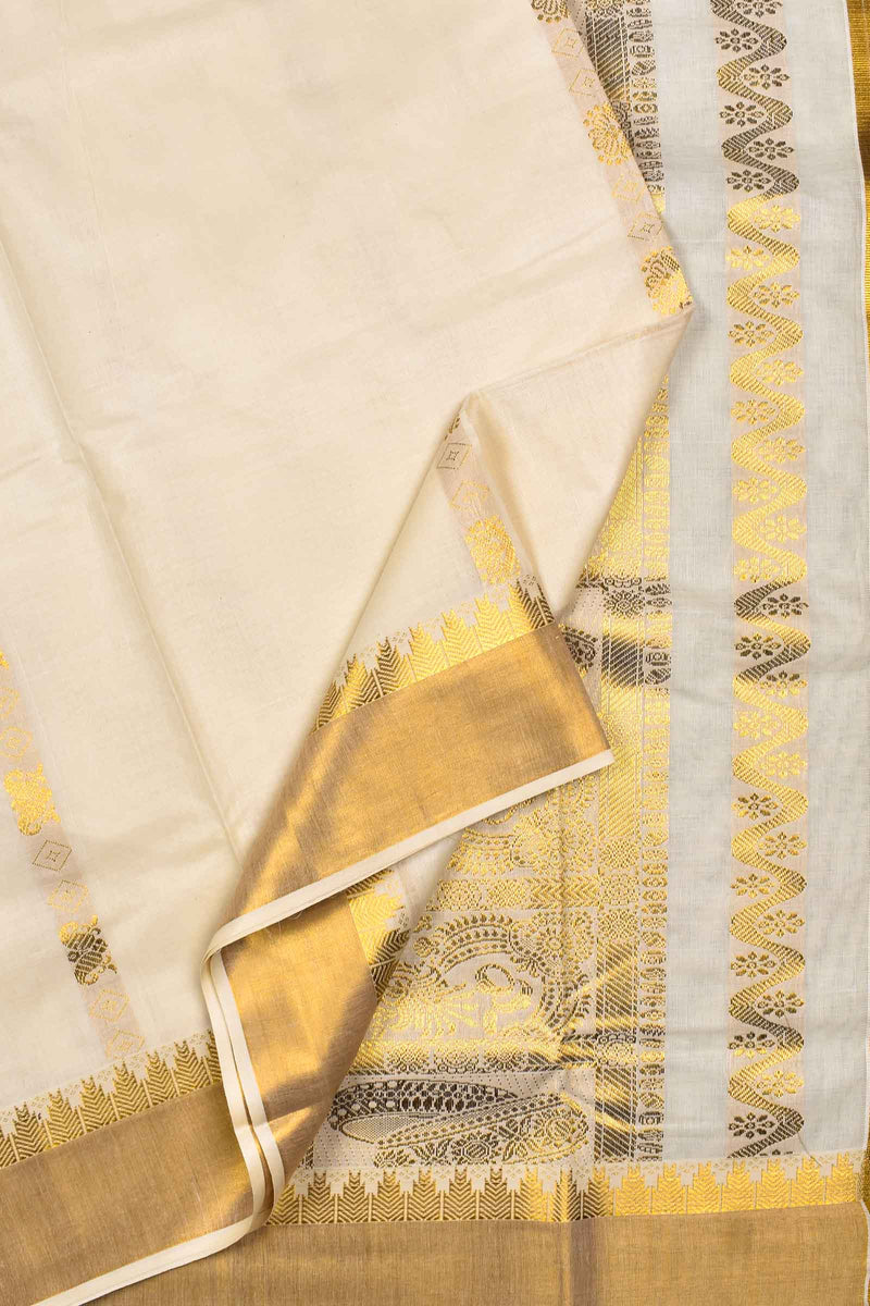 Off White Kerala Cotton Thalampoo Reku Border Rich Pallu Saree