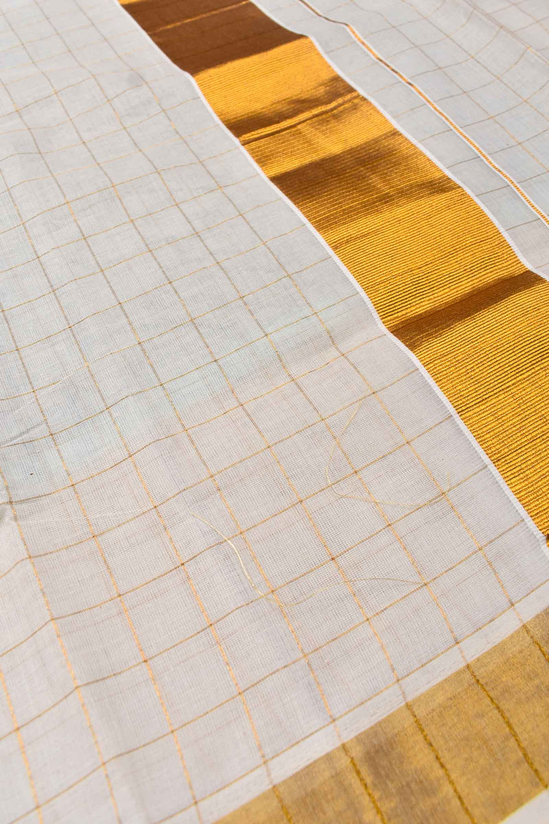 Kerala Cotton Golden Checks Body Saree