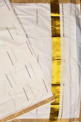 Kerala Cotton Pencil Design Gold Tassels Saree