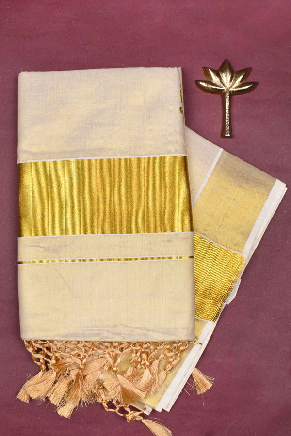 Off White Kerala Tissue Peacock Embroidered Butta Golden Zari Saree