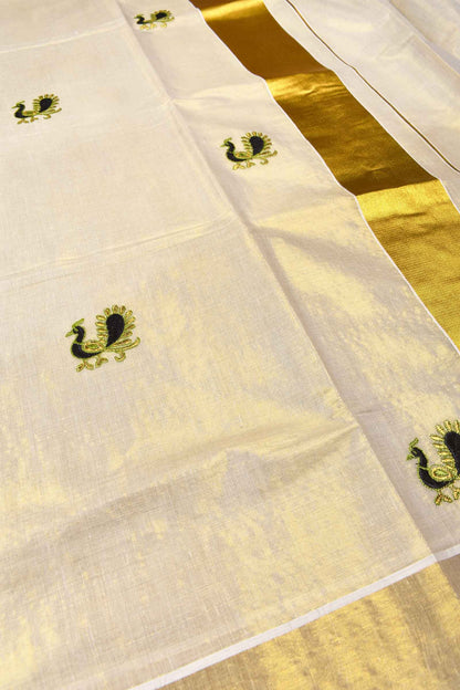 Off White Kerala Tissue Peacock Embroidered Butta Golden Zari Saree