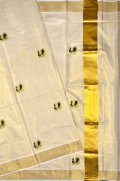 Off White Kerala Tissue Peacock Embroidered Butta Golden Zari Saree