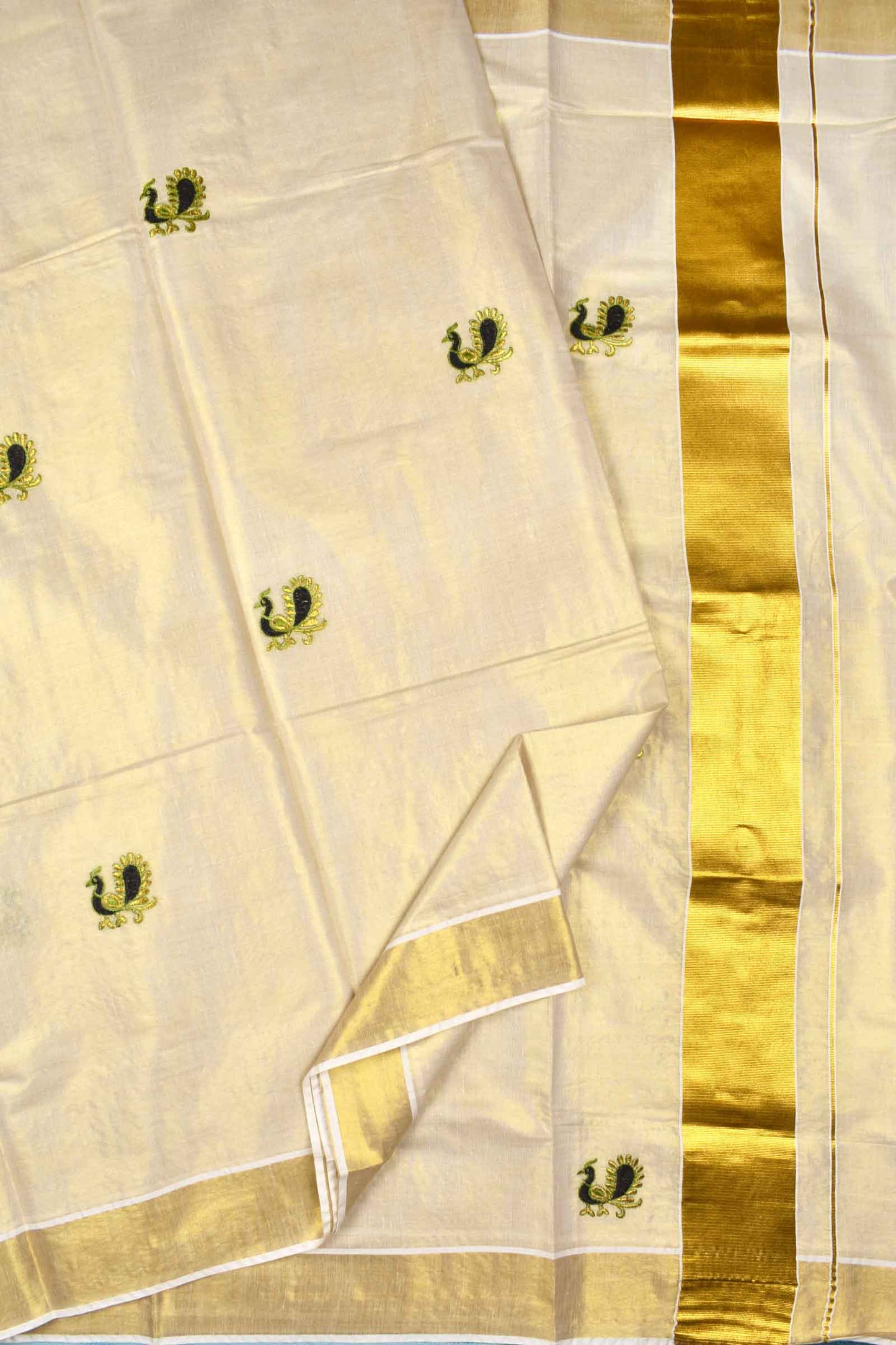 Off White Kerala Tissue Peacock Embroidered Butta Golden Zari Saree