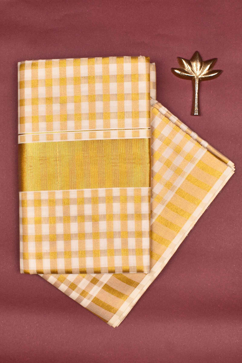 Kerala Tissue Broad Gold Checks Saree