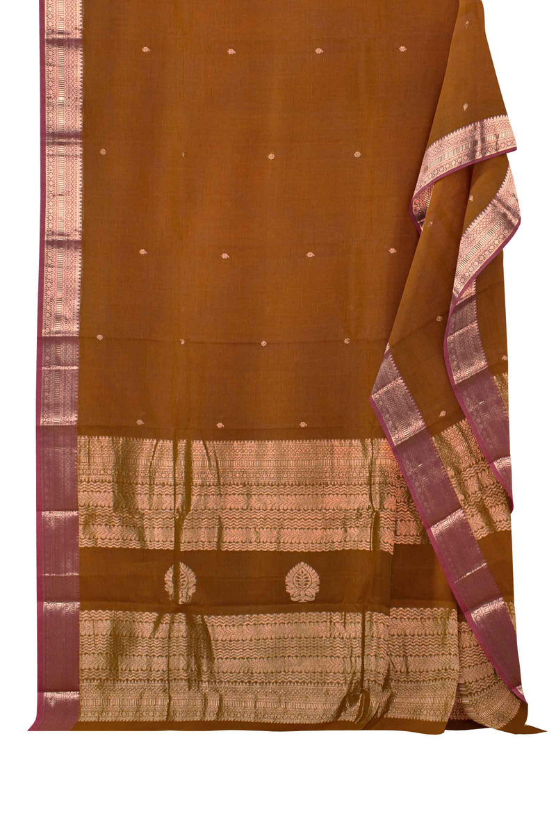 Brown Pure Kanjivaram Cotton Mini Butta Zari Border Saree