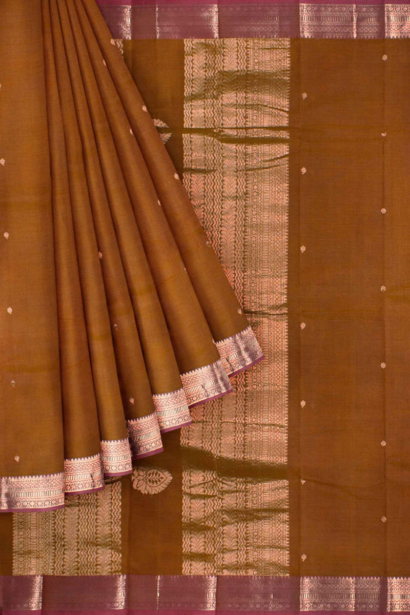 Brown Pure Kanjivaram Cotton Mini Butta Zari Border Saree