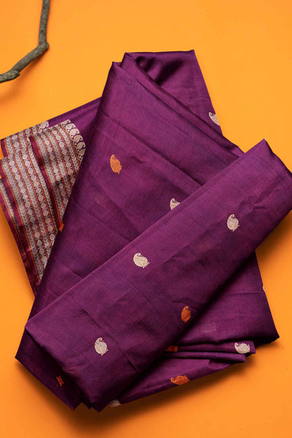 Violet Kanjivaram Pure Cotton Contrast Paisely Butta Saree