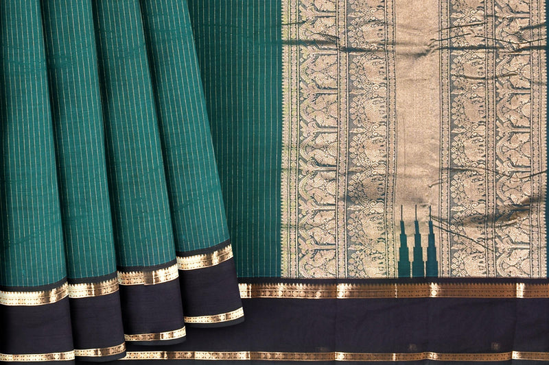 Green Kanjivaram Pure Cotton Oosi Stripes Rettai Pet Border Saree