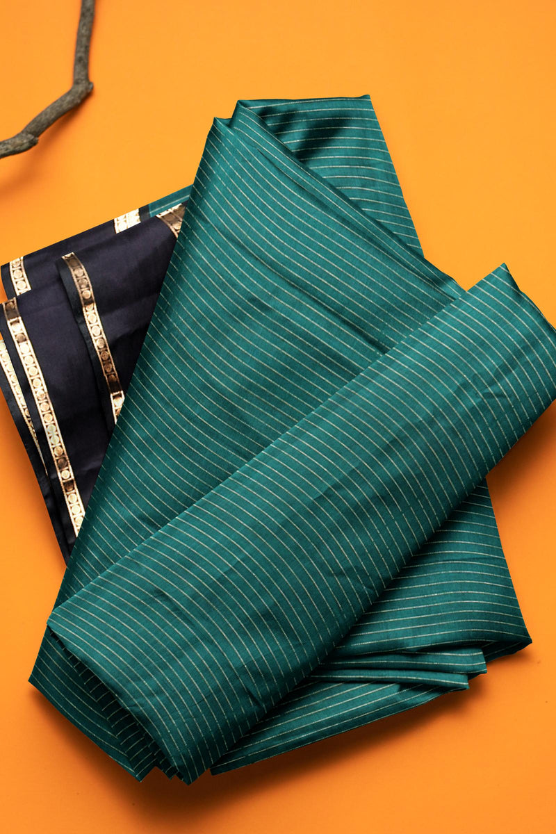 Green Kanjivaram Pure Cotton Oosi Stripes Rettai Pet Border Saree