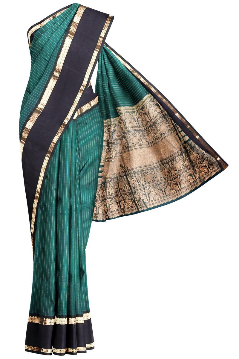 Green Kanjivaram Pure Cotton Oosi Stripes Rettai Pet Border Saree