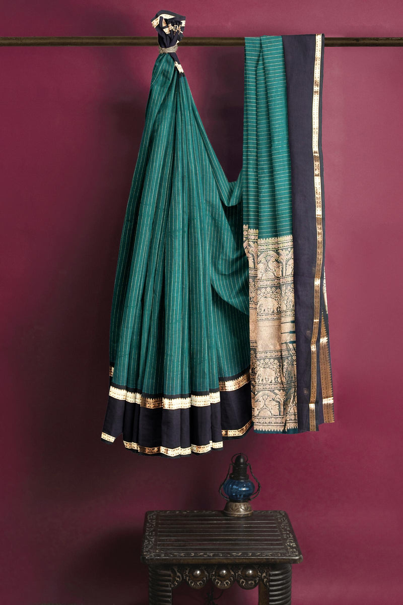 Green Kanjivaram Pure Cotton Oosi Stripes Rettai Pet Border Saree