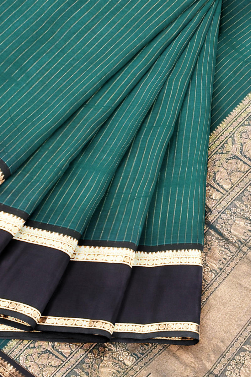 Green Kanjivaram Pure Cotton Oosi Stripes Rettai Pet Border Saree