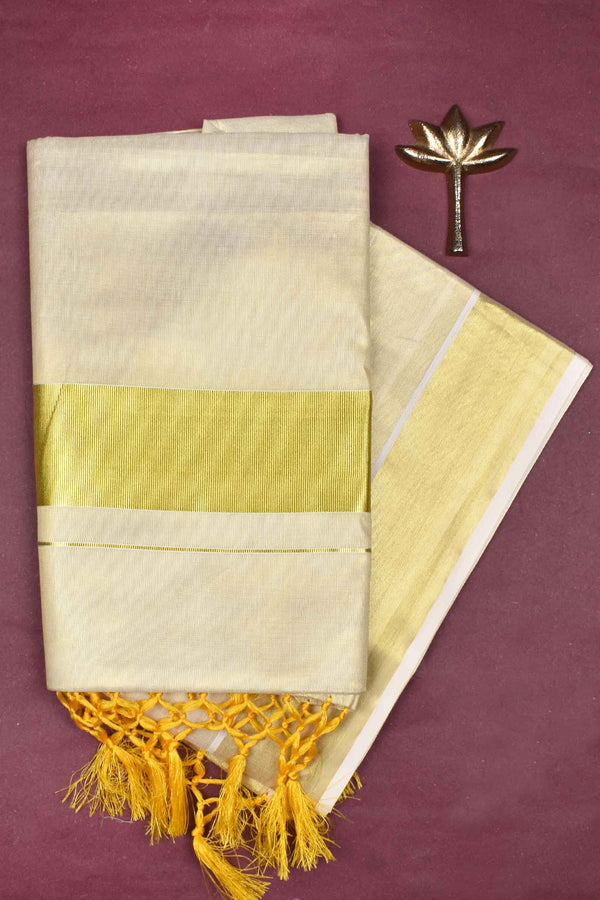 Off White Kerala Tissue Pure Cotton Golden Zari Saree