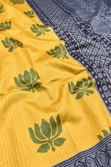 Yellow Fancy Tussar Silk All Over Lotus Contrast Pallu Saree