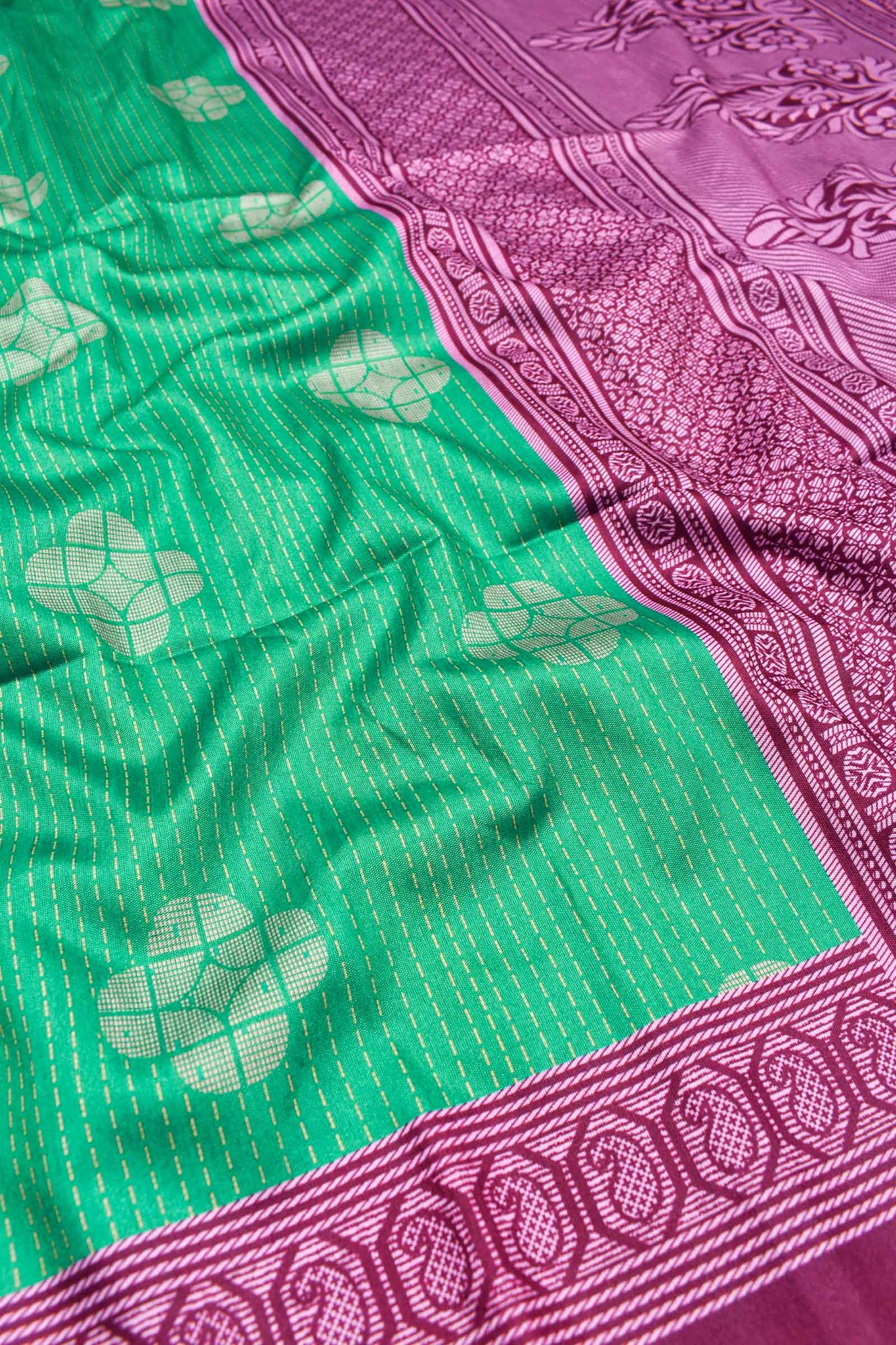 Parakeet Green Fancy Tussar Silk Contrast Pink Pallu Saree