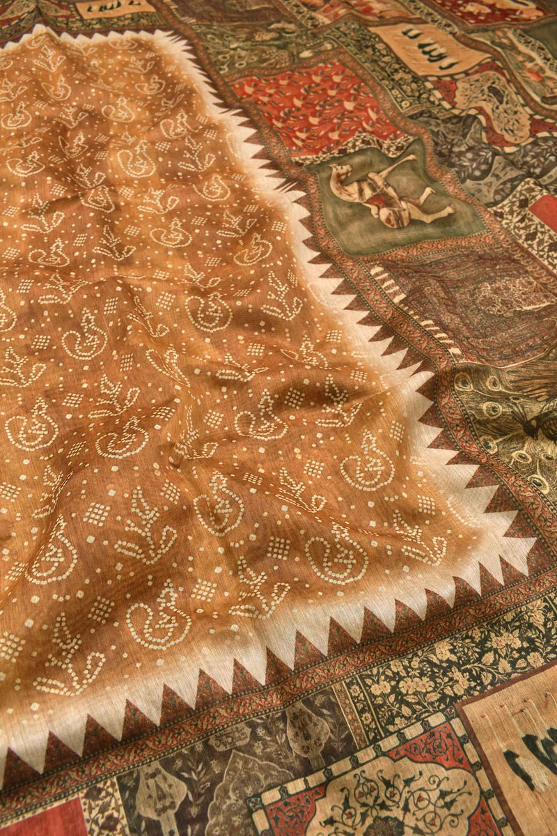 Light Brown Cotton Peacock Printed Fancy Border Saree