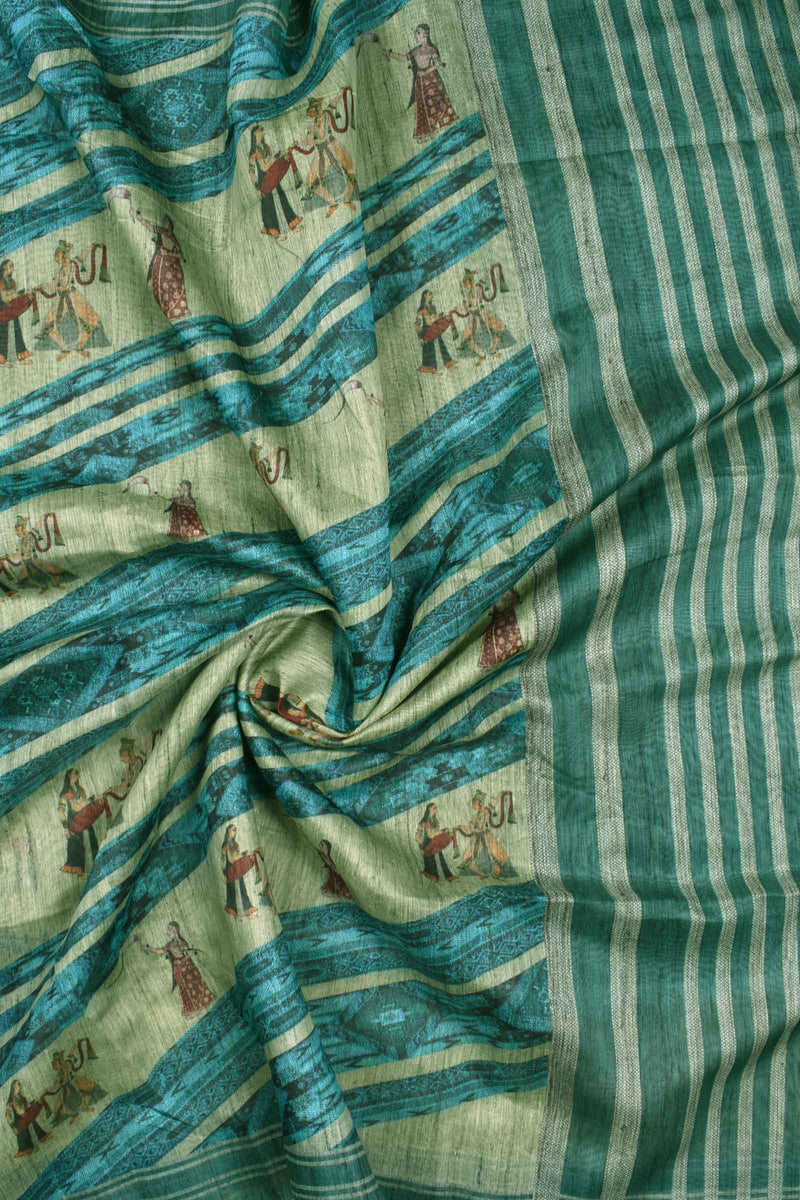 Green Printed Cotton Royal Dance Scenes Saree