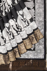 Black and White Semi Dola Royal Scenes Printed Gold Paisely Border Saree