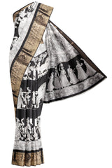 Black and White Semi Dola Royal Scenes Printed Gold Paisely Border Saree