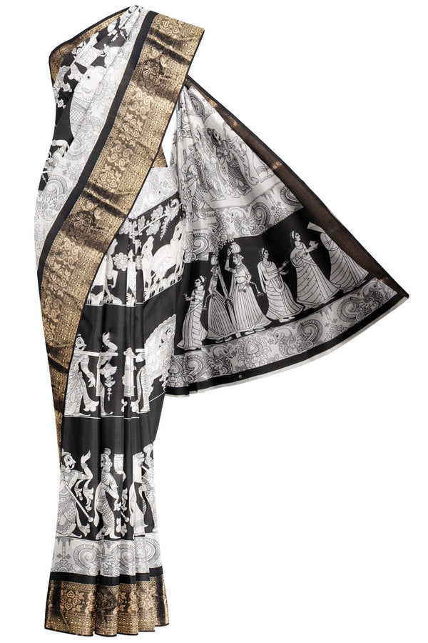 Black and White Semi Dola Royal Scenes Printed Gold Paisely Border Saree