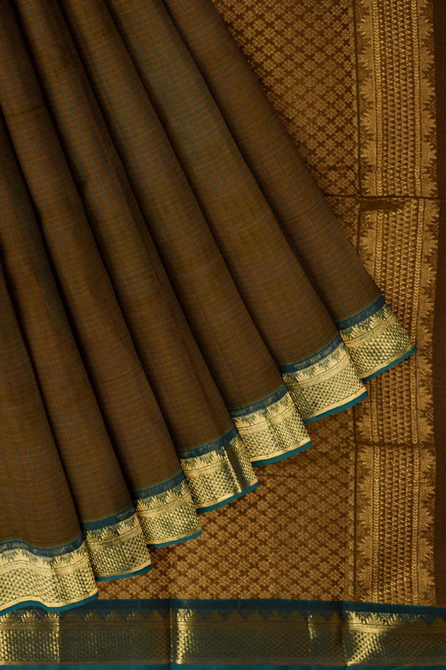 Brown with Green Chettinad Pure Cotton Kattam Saree