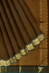 Brown with Green Chettinad Pure Cotton Kattam Saree