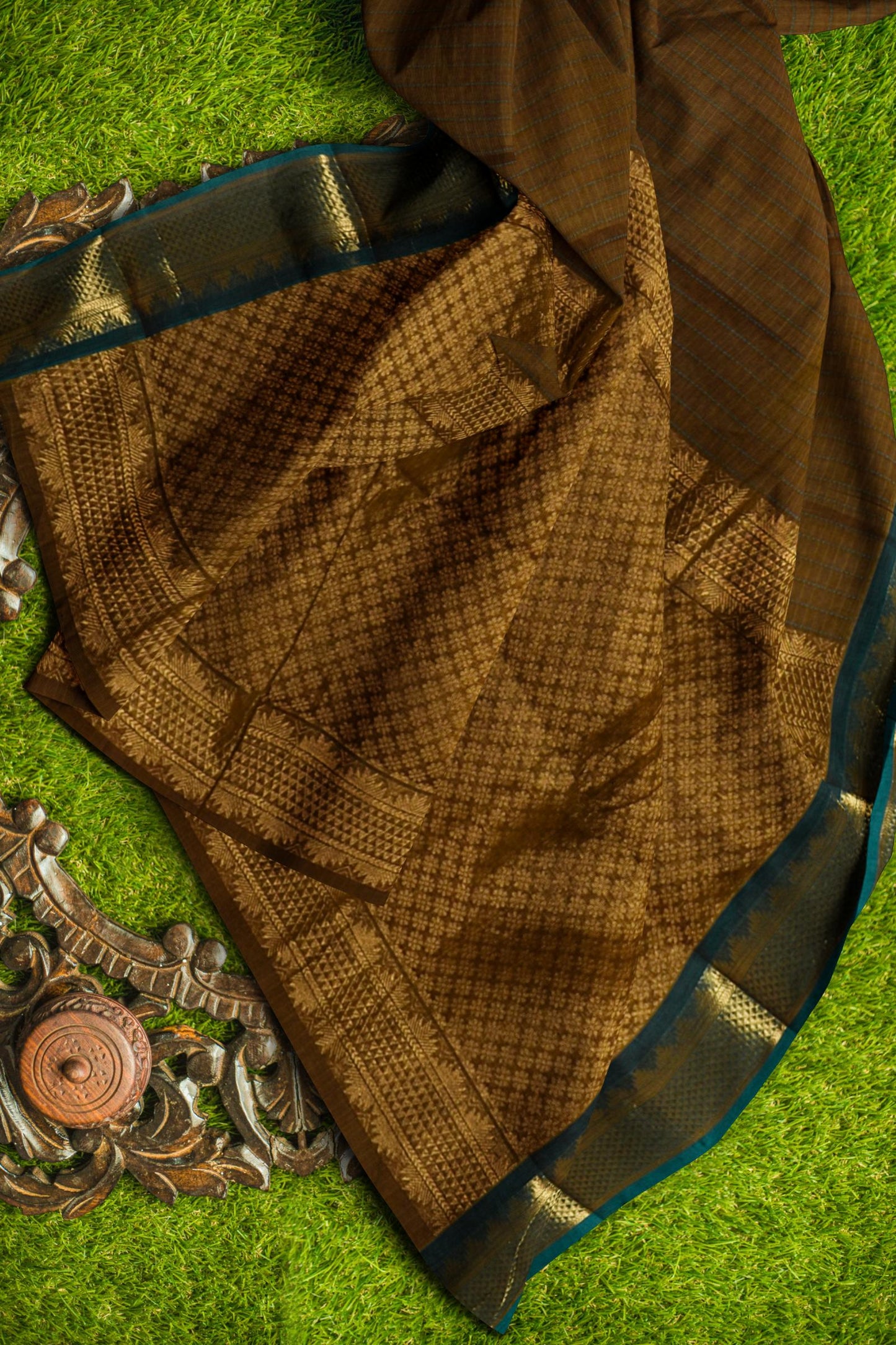 Brown with Green Chettinad Pure Cotton Kattam Saree