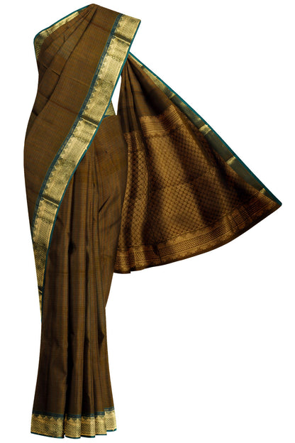 Brown with Green Chettinad Pure Cotton Kattam Saree