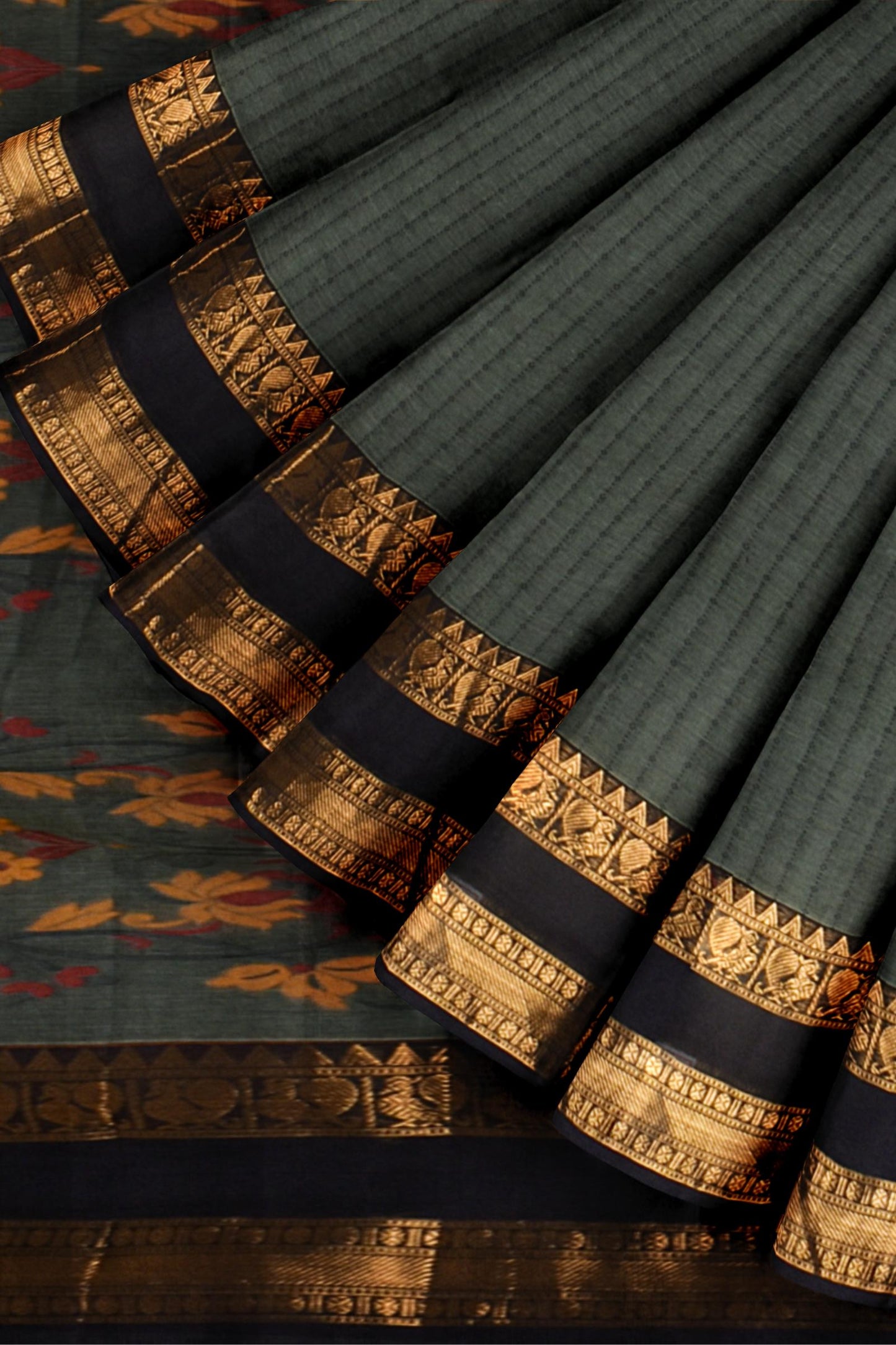 Deep Grey Chettinad Pure Cotton All Over Lines Paithani Style Pallu Saree