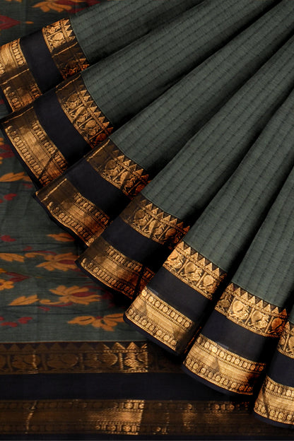 Deep Grey Chettinad Pure Cotton All Over Lines Paithani Style Pallu Saree