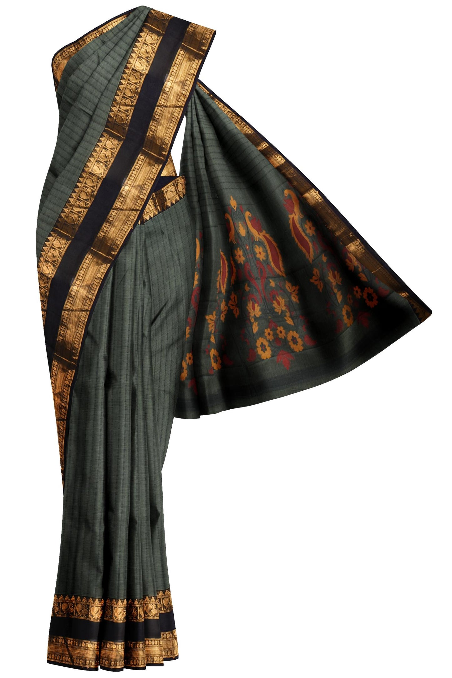 Deep Grey Chettinad Pure Cotton All Over Lines Paithani Style Pallu Saree