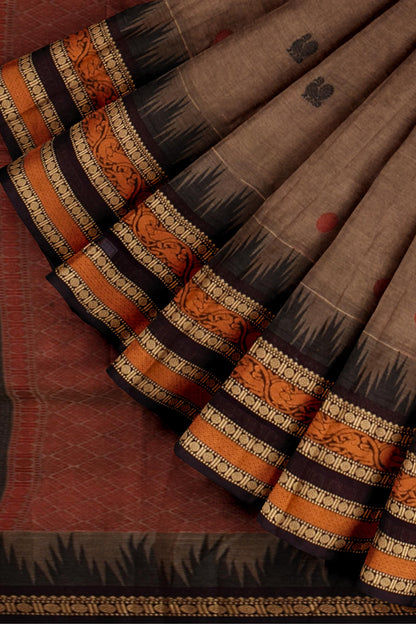 Brown Chettinad Pure Cotton Tower Border Mayil Butta Saree