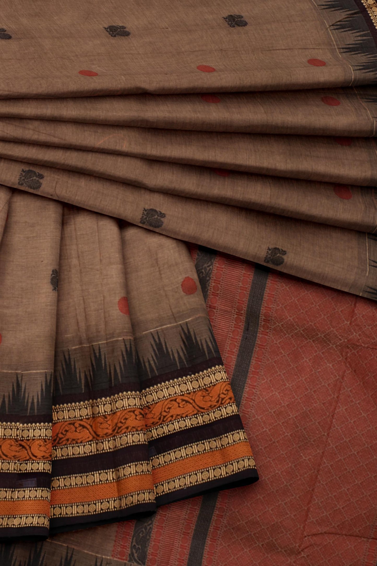 Brown Chettinad Pure Cotton Tower Border Mayil Butta Saree