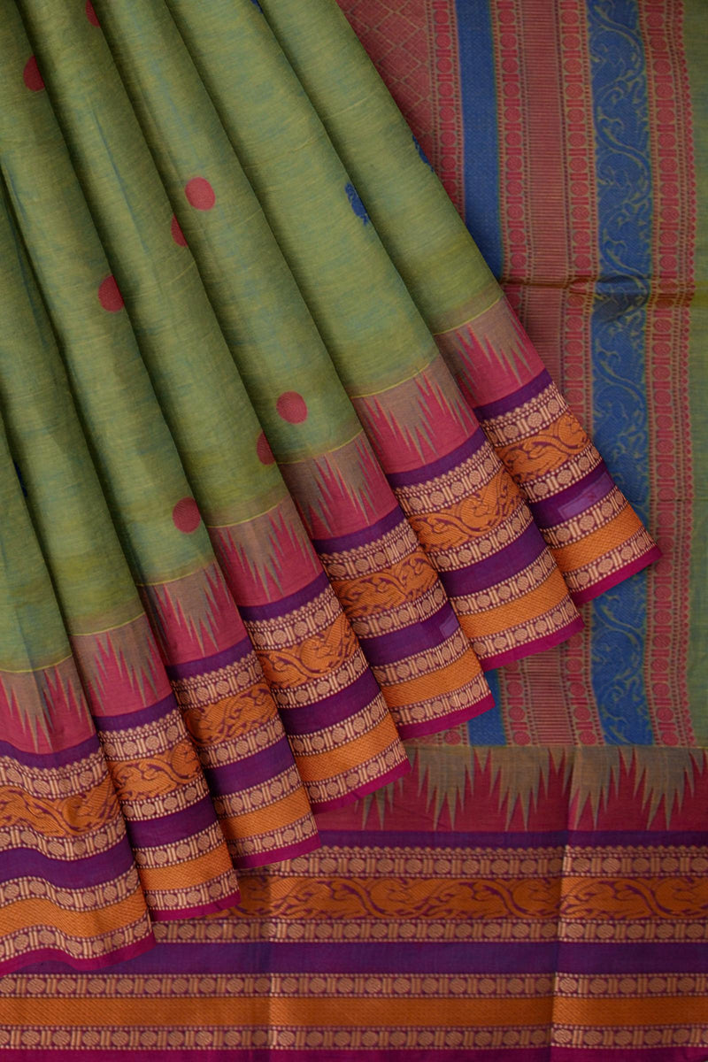 Green Chettinad Pure Cotton Contrast Peacock Butta Tower Border Saree