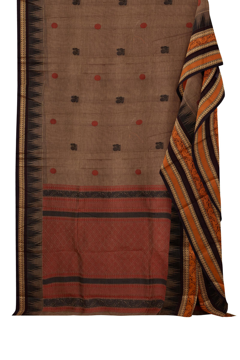 Brown Chettinad Pure Cotton Tower Border Mayil Butta Saree