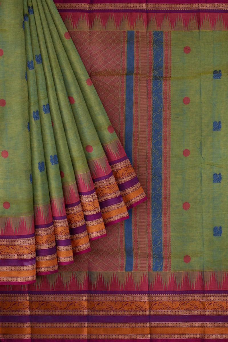 Green Chettinad Pure Cotton Contrast Peacock Butta Tower Border Saree