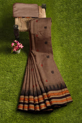 Brown Chettinad Pure Cotton Tower Border Mayil Butta Saree